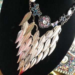 Gold Tiered Leaf necklace with  Butterfly rhinestone set